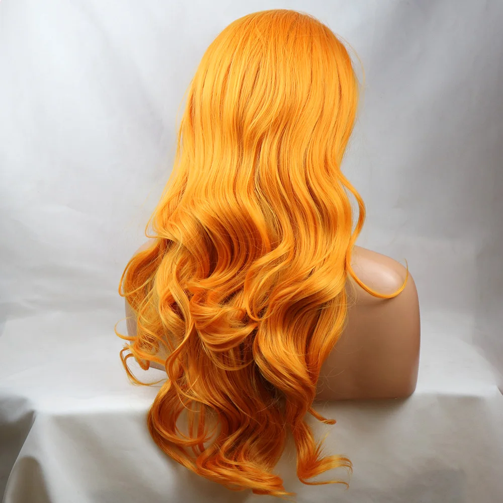 Orange Color Long Synthetic Body Wave Lace Front Wigs for White Women High Temperature Fiber Hair Cosplay Wig