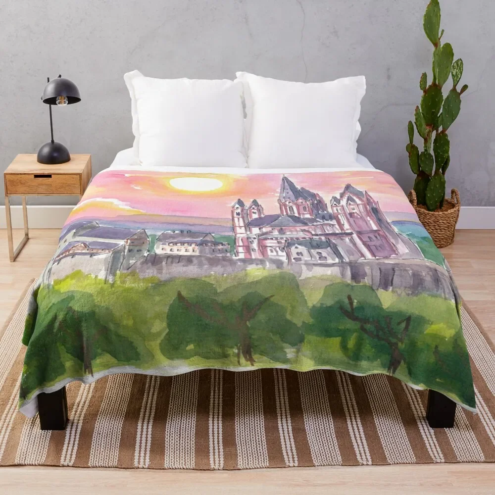 Limburg Cathedral Watercolor Sunset Scene Throw Blanket Shaggy For Baby Baby Blankets