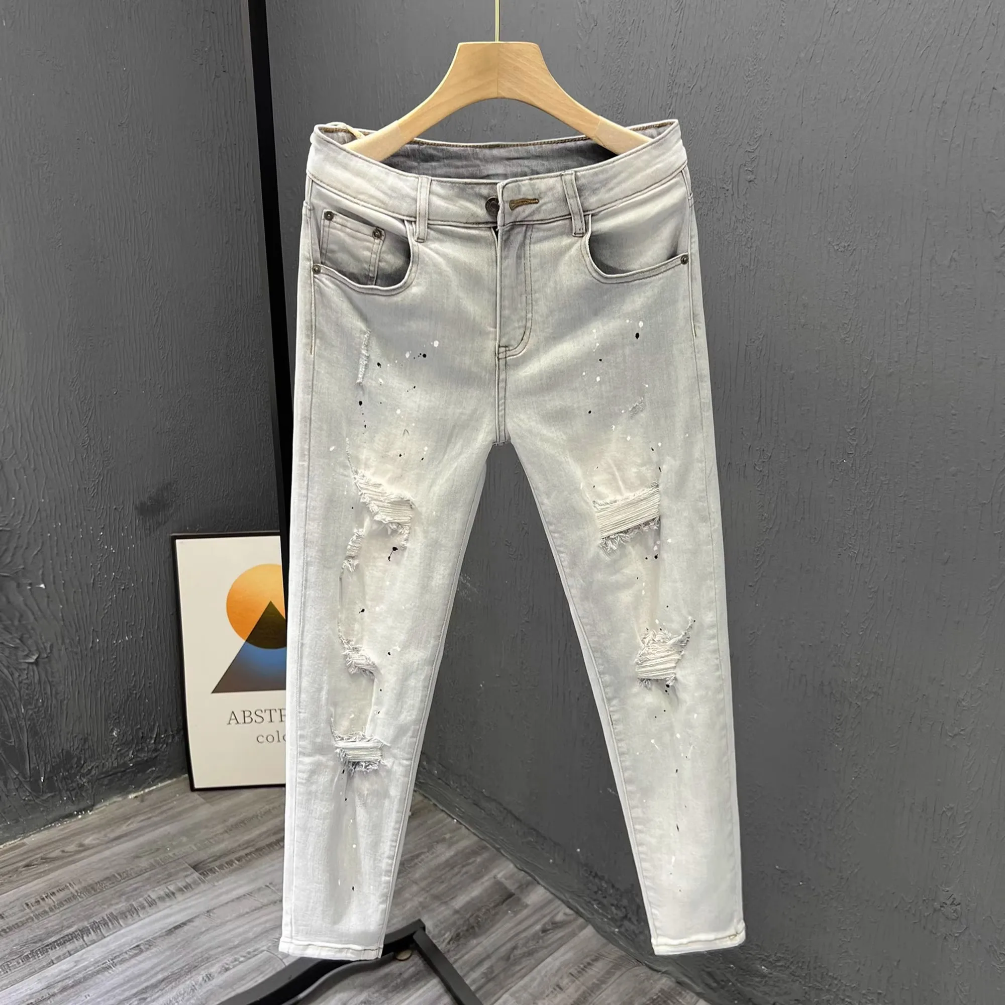 

Men's Faionable Light Wa Ripped Denim Jeans Spring Autumn Stretch Slim Fit Nine Point High Waist Long Pants Casual Wear