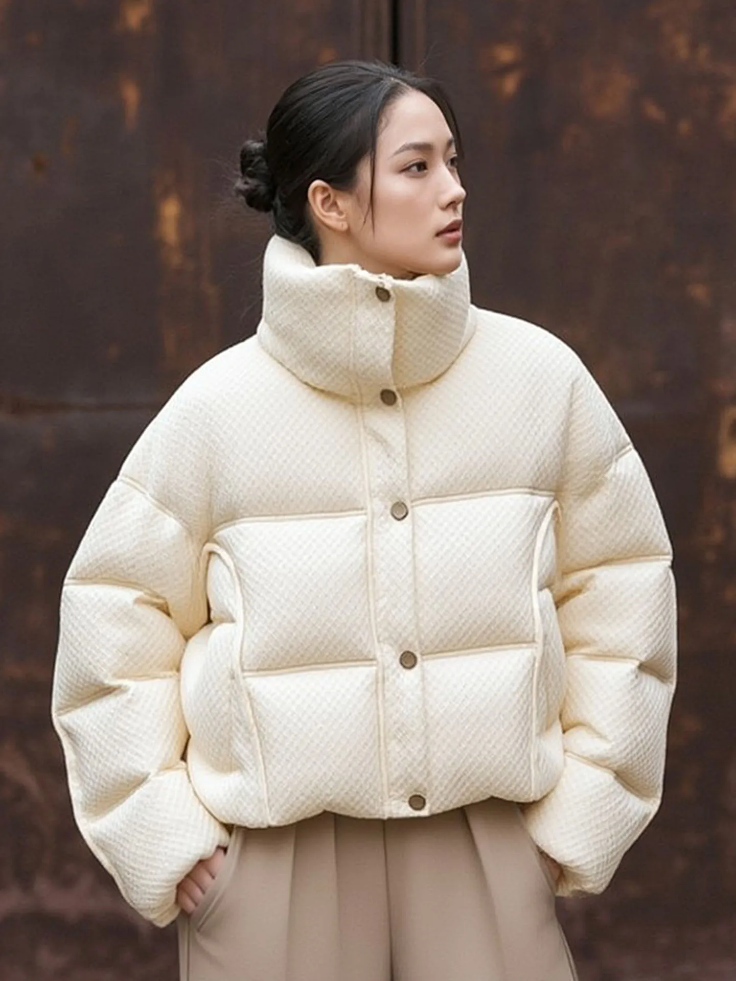 

Sli ort Puffer Jaet Women's Faion Korean Sle White Du down Cozy Warm Thi Outerwear Baked Cheese Milk White