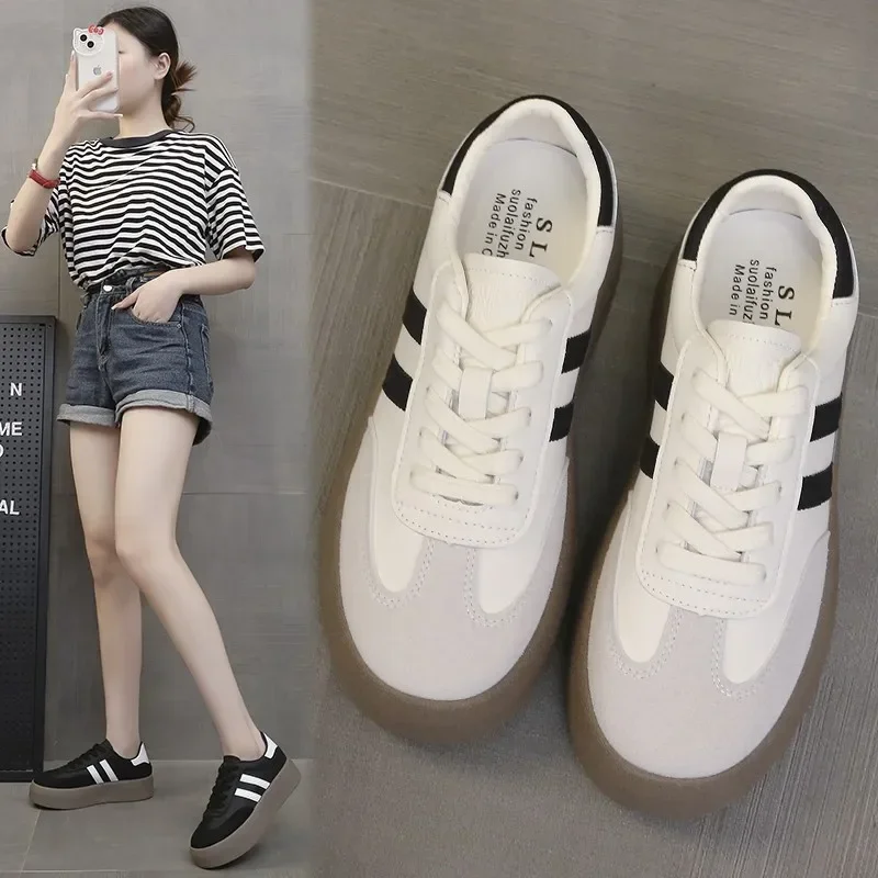 Sepatu Sneakers kulit Off White wanita, sepatu vulkanisir ringan kanvas ujung bulat kasual sepatu olahraga Zapatos Mujer