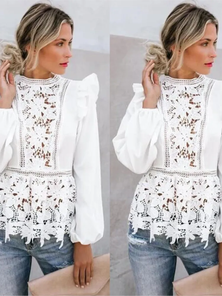 Lace Women\'s Blouse Fashion Long Sleeve Floral Hollow White Tops Elegant Shirt Harajuku Femme Spring Autumn Blouses Clothes