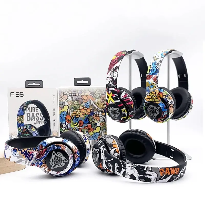 Graffiti Foldable Bluetooth Headphones Llluminated Wireless Noise Canceling Bass Headset Game Earphone With Mic For Kids Gifts