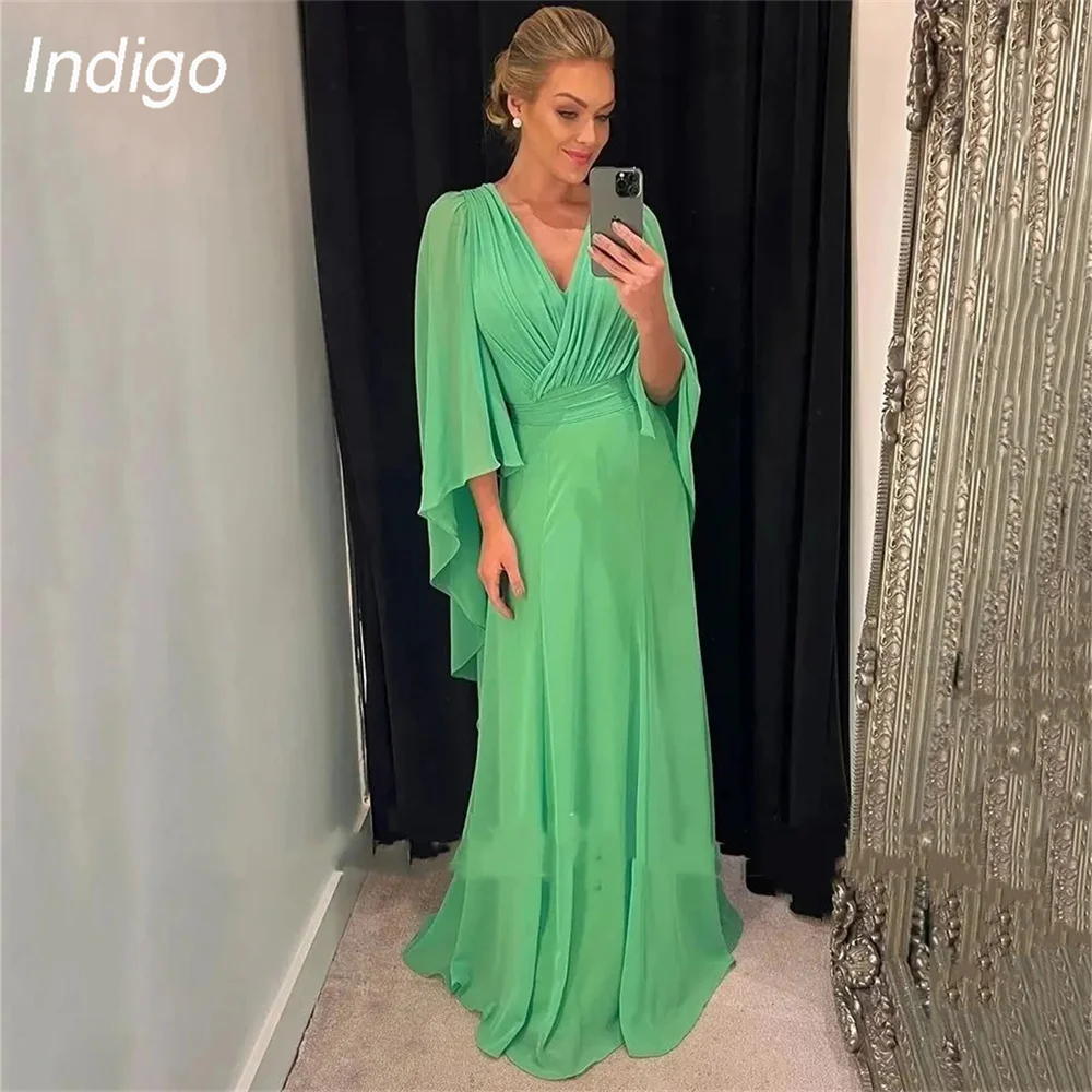 Indigo Prom Dress A-Line 2024 V-Neck Long Sleeve Pleat Chiffon Open Back Floor-Length Elegant Evening Gowns For Women فساتين الس