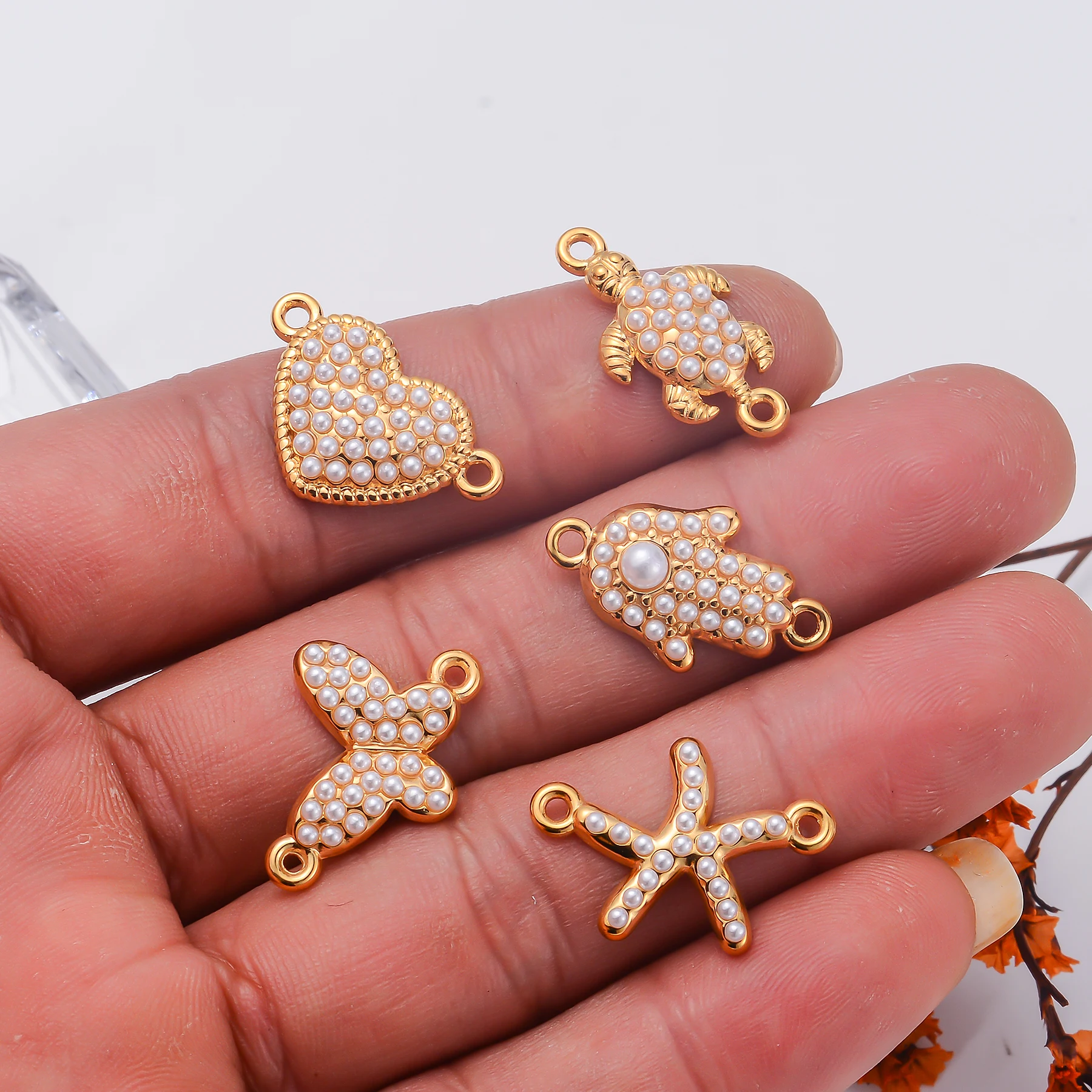 4 Stück/Set Edelstahl-Verbindungsstücke mit zwei Löchern, Schmetterling, Herz, Seestern, Hamsa-Hand-Anhänger für DIY-Halsketten, Armbänder und Schmuckherstellung – Detail 5