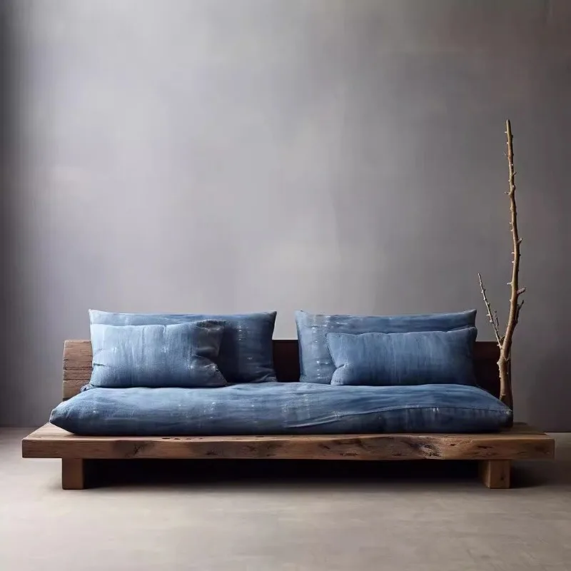 Outdoor log straight row sofa, anti-corrosive teak wabi sandy wind open-air solid wood sofa