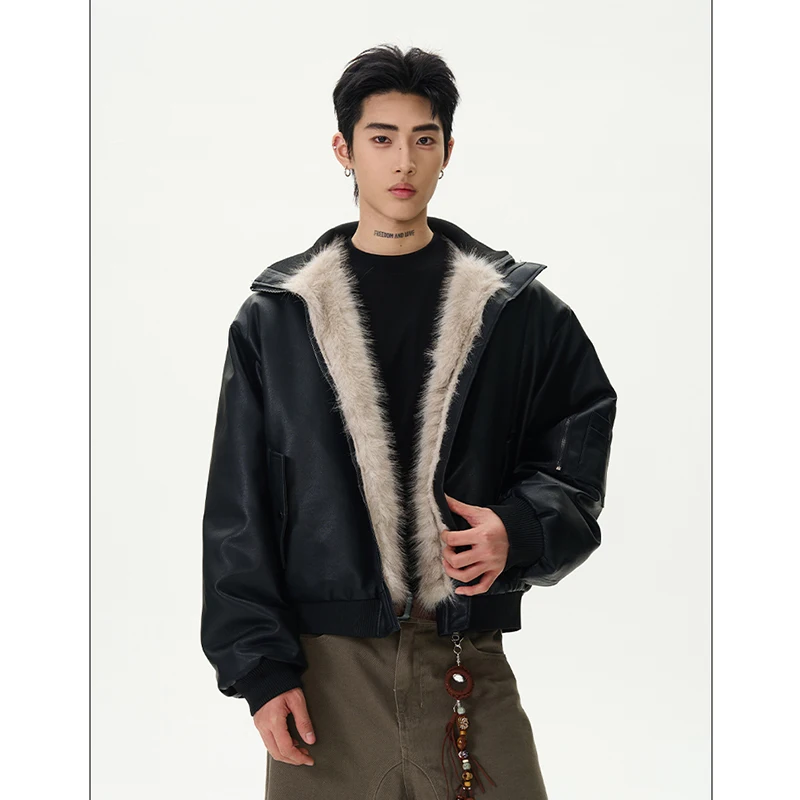 

Thiened Casual ort Cotton Jaet Stand Collar Men's PU Leather Coat Warm Faionable Zipper Closure Long Sve Winter Coat