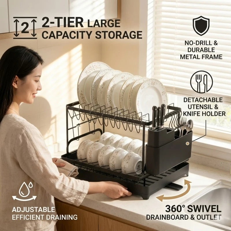 2-niveaux-360-°-Egouttoir-a-vaisselle-rotatif-avec-support-a-ustensiles-sans-percage-en-metal-organisateur-de-cuisine-noir