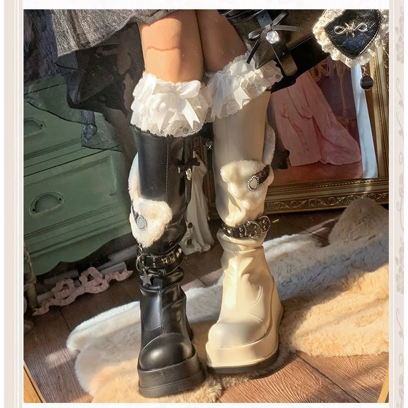 

Pinkyo Original Plush Wings Bow Love Black/white Double Color Mandarin Duck Boots Sweet Cool Punk Thick Bottom Tall Boots