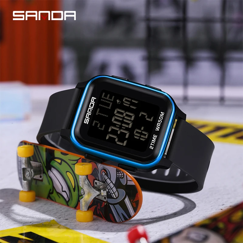 SANDA New Square Design LED Electronic Teenagers Watch Fashion Trend Multi Functional Waterproof Chronograph Clock Men\'s Watches