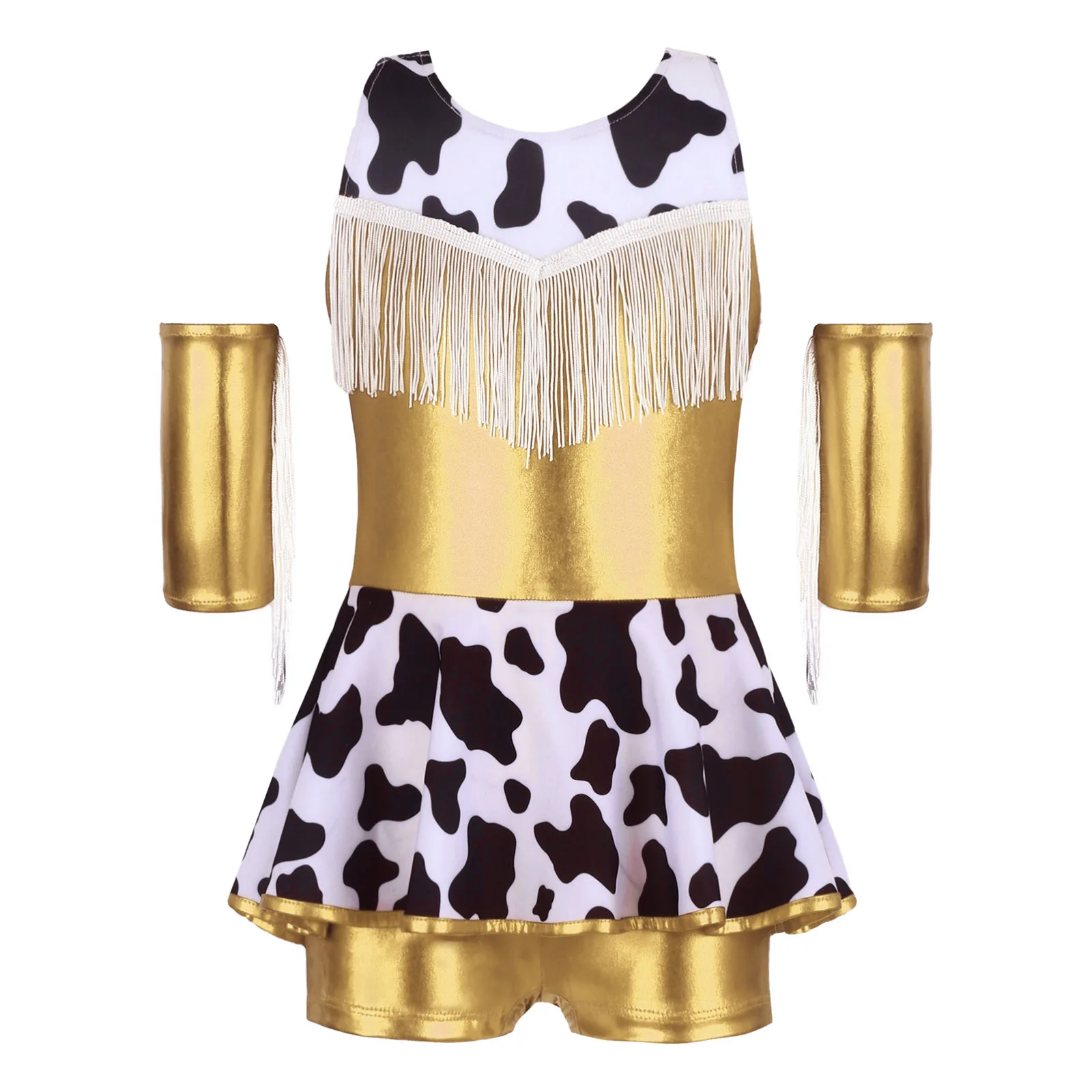 

Girls Halloween Cowgirls Cosplay Themed Party Costume Jazz Tango Dancewear Metallic Back Cross Sleeveless Fringed Leotard Dress