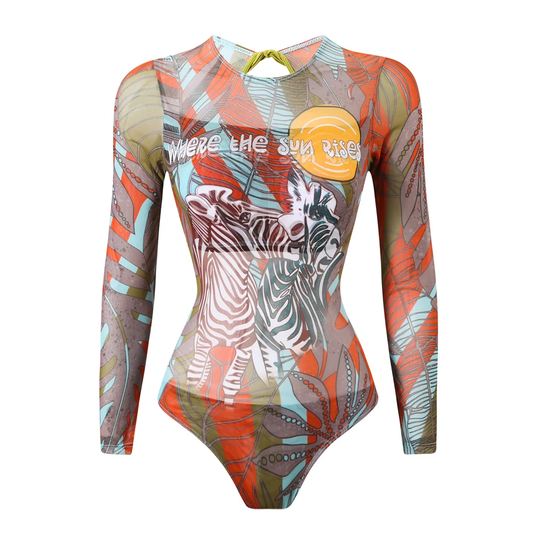 S - XXL Neuer bedruckter Badeanzug mit langen Ärmeln und Hose, einteiliger Damen-Badeanzug, floraler, gepolsterter Badeanzug, Badebekleidung, Modell V7176 – Detail 18