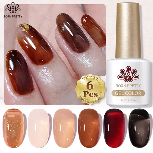 BORN PRETTY Kit de esmalte de uñas en gel Rojo Marrón Desnudo Rosa Colección de colores Varnis Semitransparente Desnudo Natural Juego de manicura de uñas 6 piezas