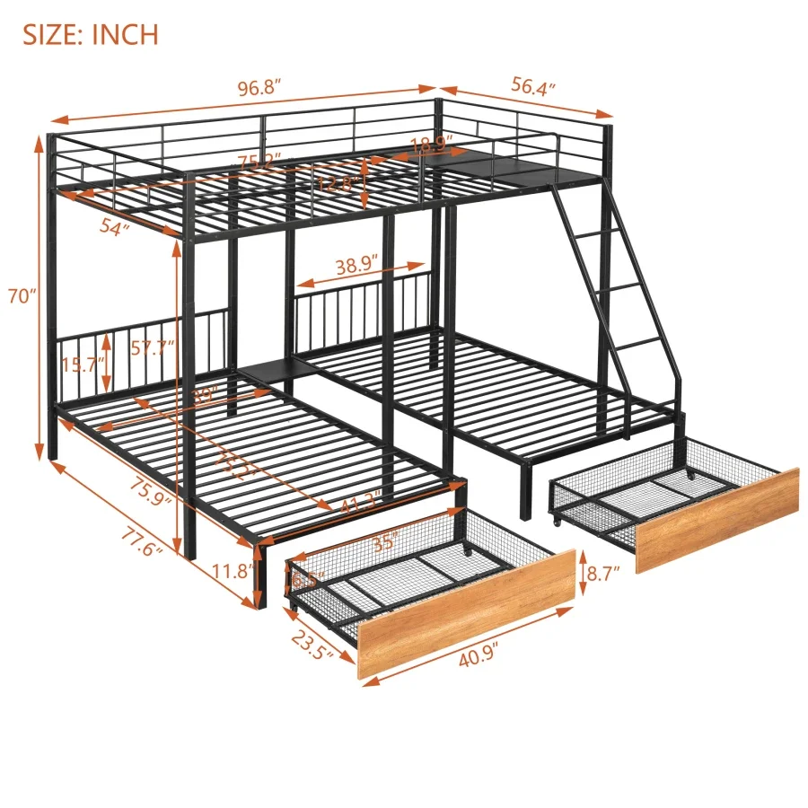 Full Over Twin & Twin Bunk Bed, Metal Triple Bunk Bed with Drawers and Guardrails