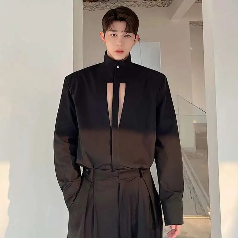 LUZHEN 2025 Hollow Out Design Casual Tops Men\'s Casual Korean Fashion Stand Collar Shirts Spring New Niche Design Clothes A38be8