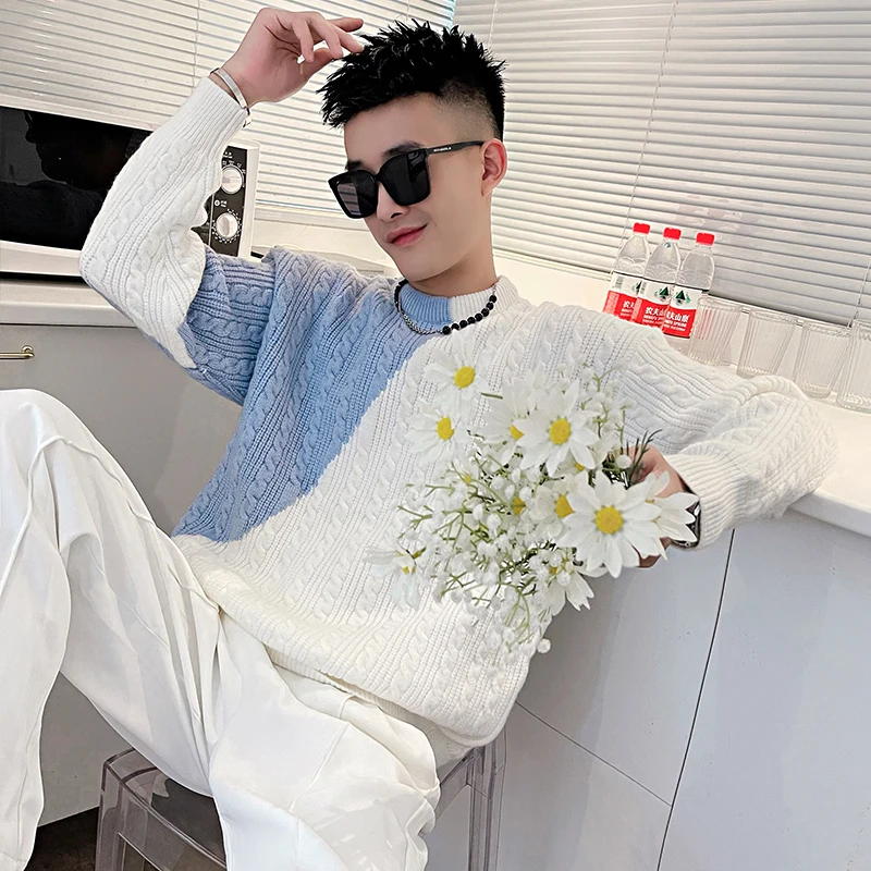 

Модный осенне-зимний мужской вязаный свитер с длинным рукавом и круглым вырезом, с цветовыми блоками, повседневный, приталенный, базовый, для молодежи, придающий энергии