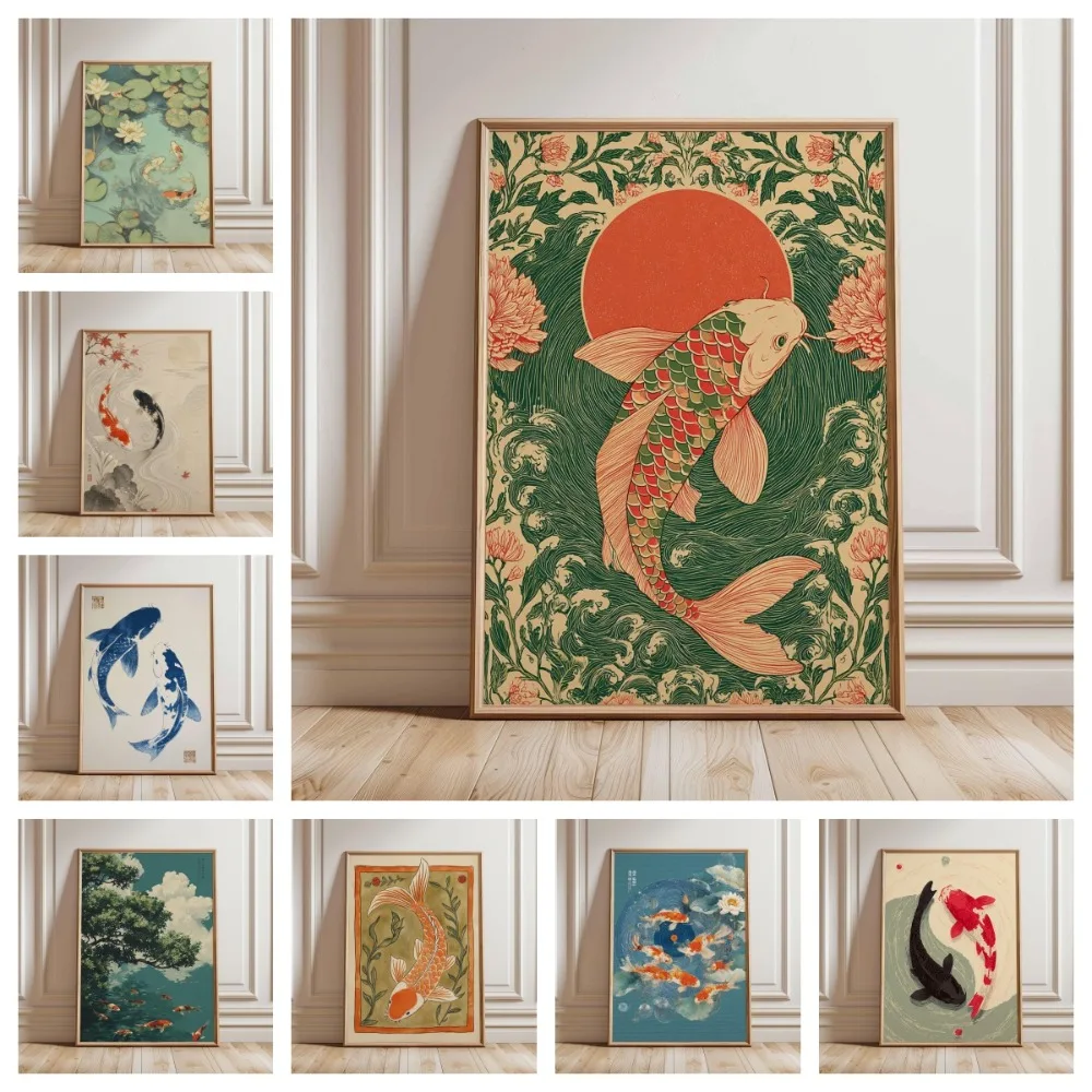 Japanese Koi Fish Poster, Vintage Style Wall Art Print Red Sun and Waves Oriental Art Decor for Zen Room Tattoo Inspired Artwork