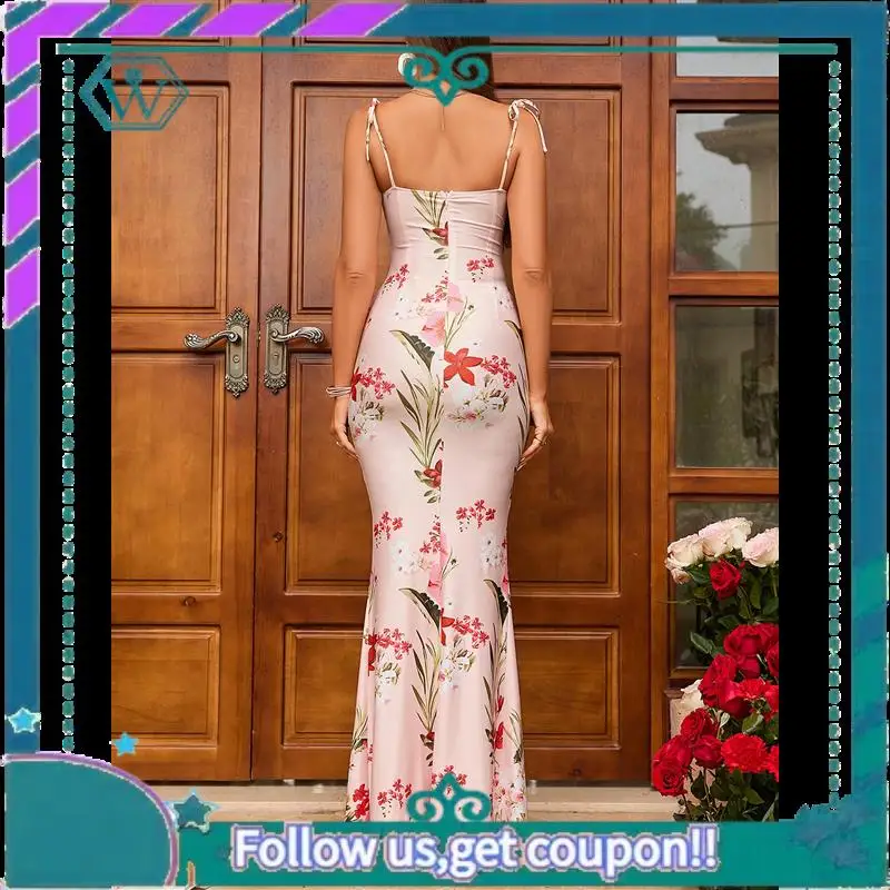 A09P Women's Summer Floral Bodycon Maxi Dress Spaghetti Strap Sleeveless Bohemian Maxi Dress