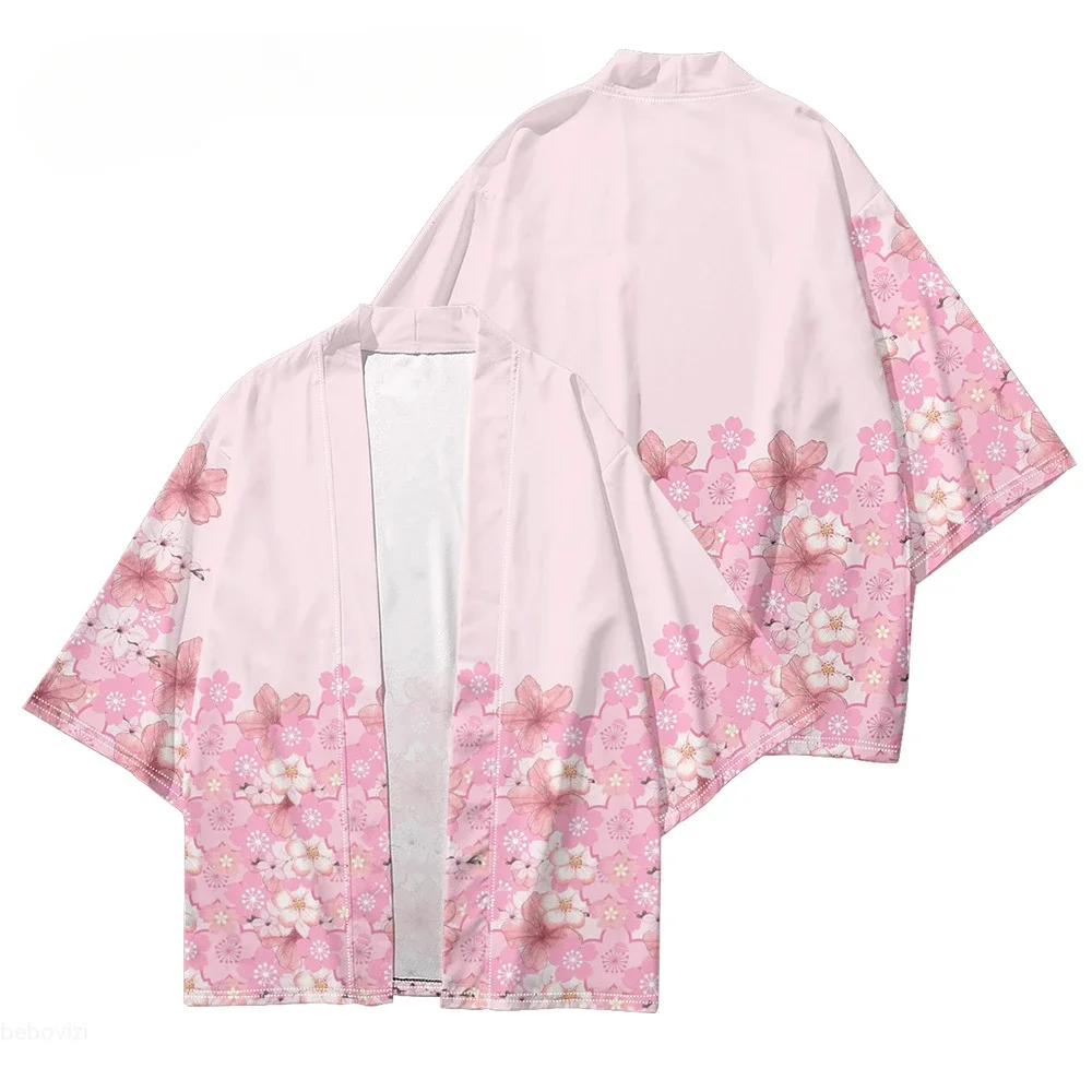 سترة مطبوعة بالزهور الوردية هاوري بيتش يوكاتا موضة كيمونو غير رسمية ملابس الشارع للرجال والنساء ملابس آسيوية كبيرة الحجم #1