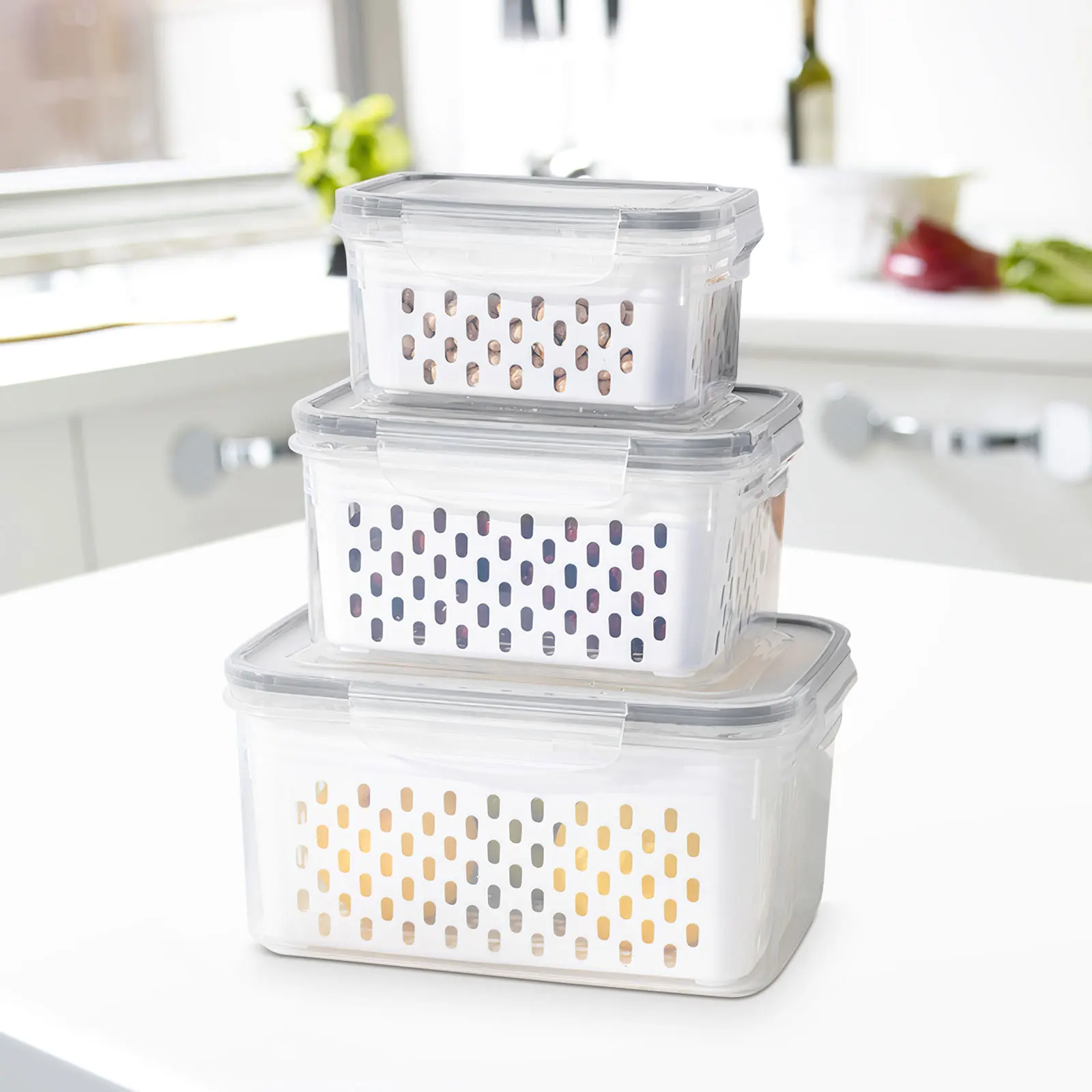 

3Pcs Freshness Storage Box Set Fruit Vegetable Container for Fridge Organized with Drain Basket Reusable Produce