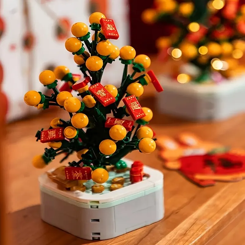 Children Happy New Year Creative Orange Tree Building Kit 222pcs ABS Plants Bouquet Bricks Set Festival Decoration