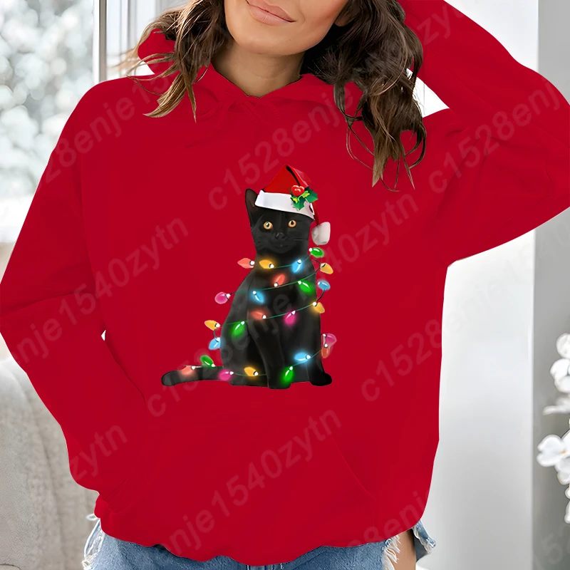 Christmas Black Cat Christmas Light Women Hooded Hoodie Winter Sweatshirt Fashion Graphic Hoodie Pure Color Pullover Hoodie Tops