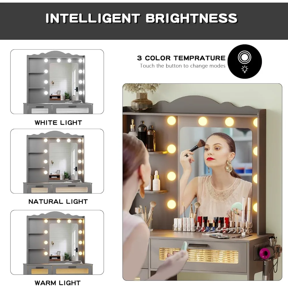 طاولة مكياج مع 10 لمبات إضاءة، مكتب زينة حديث مع مرآة و3 أوضاع إضاءة، مجموعة طاولة زينة مع 2 USB P