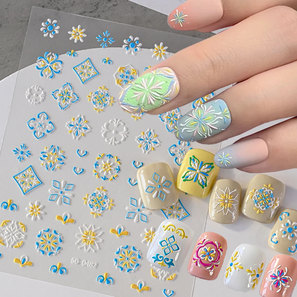 

5D Embossed Elegant Bohemian Floral Nail Art Sticker Lace Flower Totem Nail Decal Stickers Self-Adhesive Bohemian Manicure Decot
