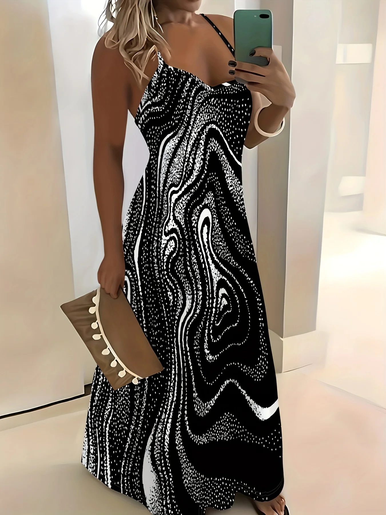 Robe mi-longue fluide et décontractée pour femme, imprimé vague abstraite texturé, col en V sans manches, coupe ample, été 2024
