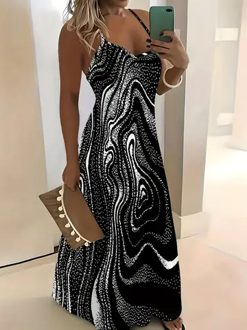 Abstract Wave Print Textured Women's Sleeveless V Neck Dress Summer Casual Loose Fit Flowy Midi Dress for Women 2024