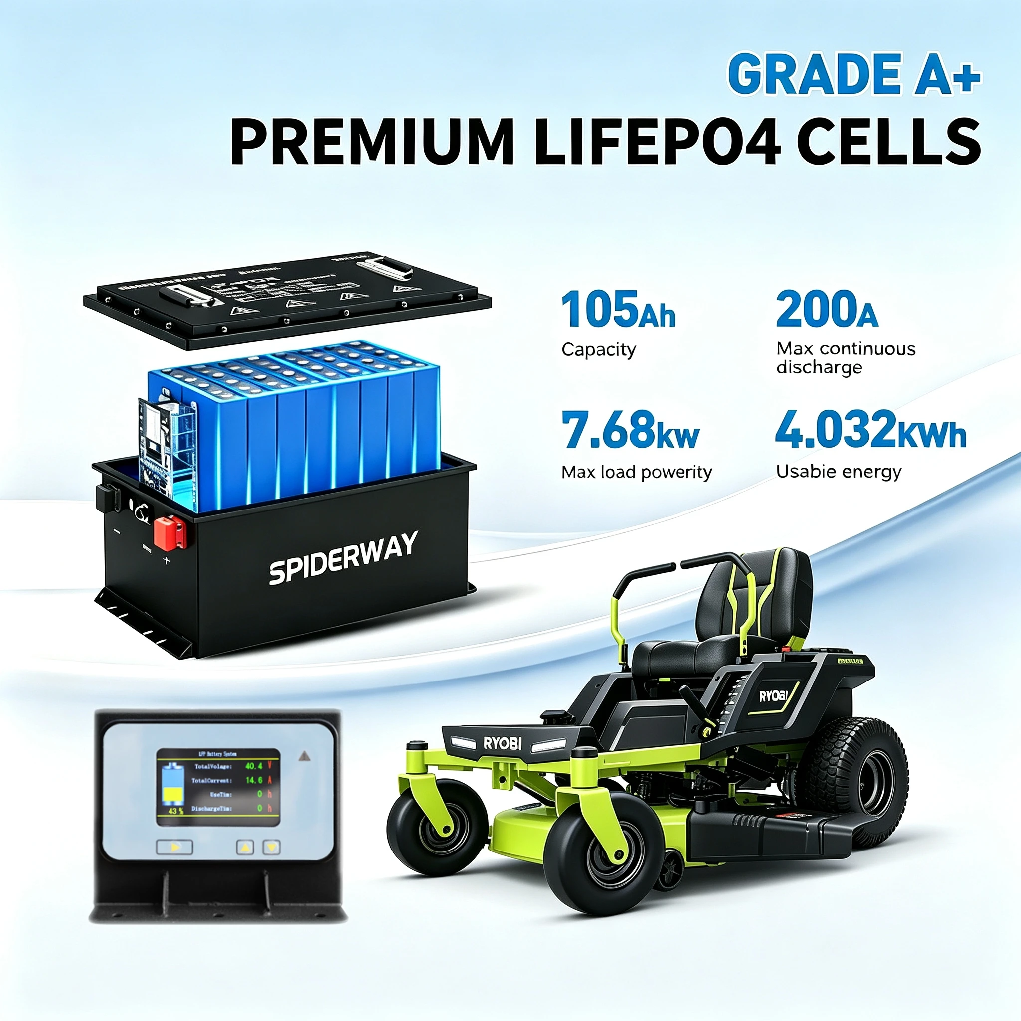 48V 105Ah Lithium Battery For RYOBI RY48ZTR75 ZT480e Electric Zero Turn Rider, Support LCD Screen & Mobile APP & Bluetooth