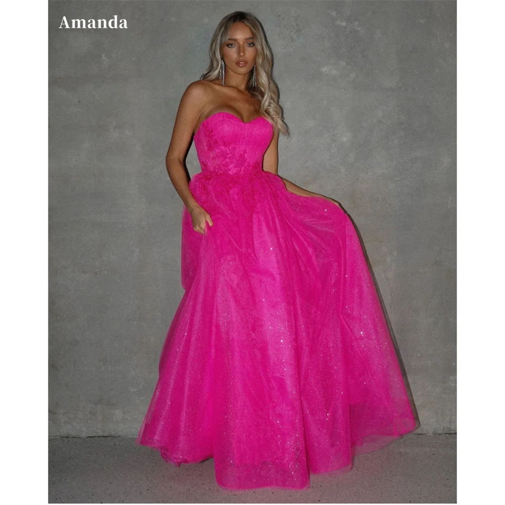 

Amanda Customized Pink Strapless Glitter Prom Dresses A-line Multilayer Tulle vestidos de noche Floor-Length Evening Dress 2025