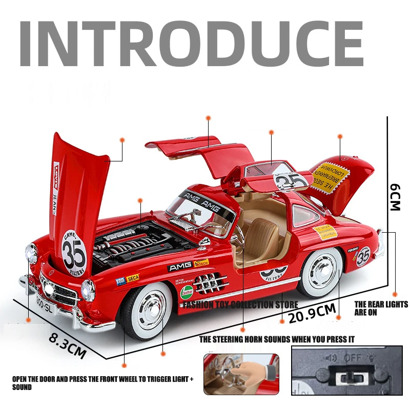 1:24 300SL 35# Vintage Classic Alloy Car Model Diecasts Toy With Sound and Light Vehicles Decoration Toys For Kids Gift