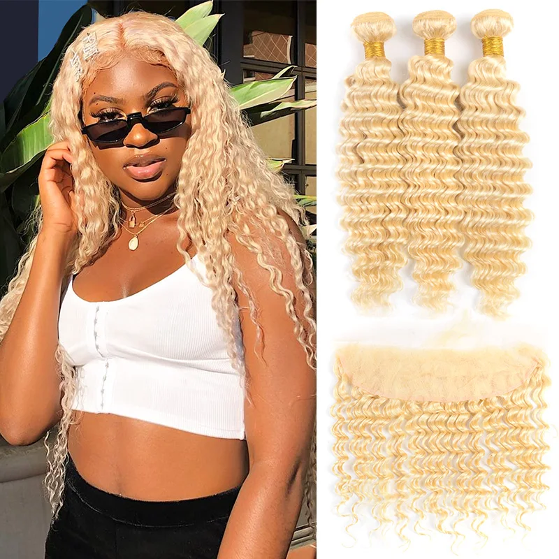 2/3 قطعة شعر بشري مموج عميق 613 حزم شقراء مع دانتيل أمامي 13x4 100% شعر عذراء برازيلي غير معالج درجة 12A 100 جرام/قطعة