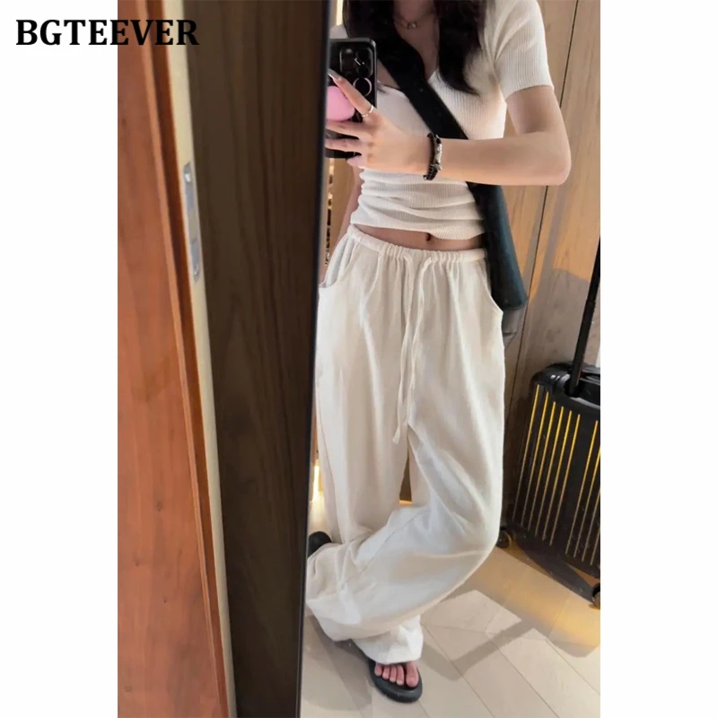 

BGTEEVER Drawstring Loose-fitting Wide-leg Trousers for Women Ramie Curved Floor-length Pants