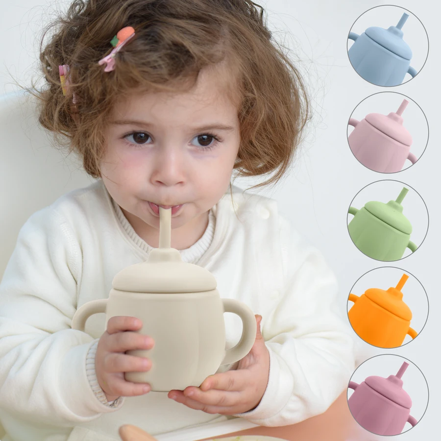 Baby Food Grade Silicone Feeding Cups With Lid Soft Straw Bebe Learning Drinkware Kids Soft Straw Cup Tableware Baby Items