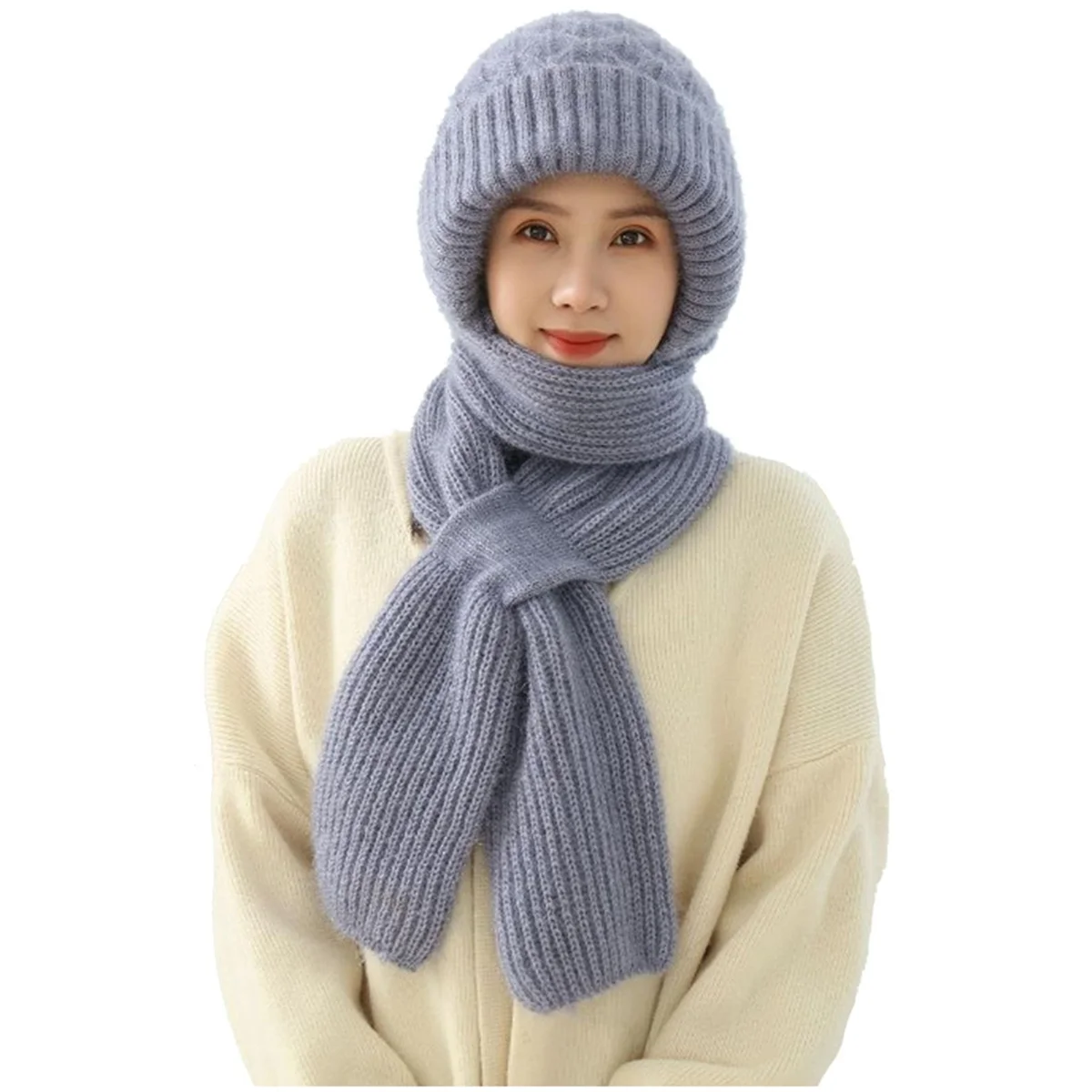 

Women'S Plush-Lined Acrylic Balaclavas Hood Scarf Hat Windproof Integrated Ear Protector Fashionable Winter Cap-E