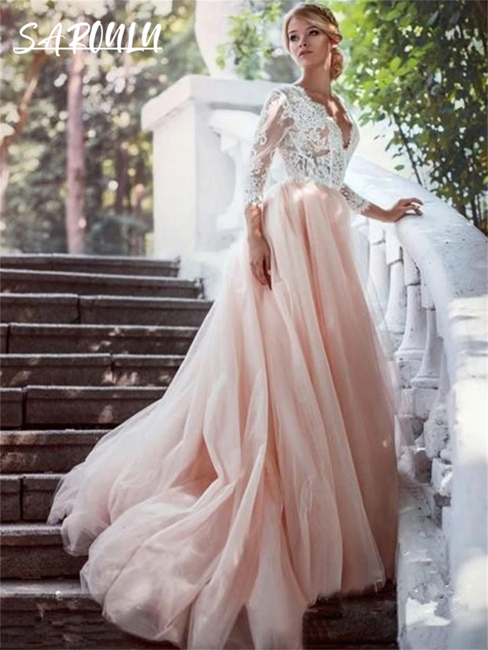 Pastro Pink Tulle Bride Dress V Neck Lace A Line Wedding Dresses For Women 2024 Custom Made High Quality Bridal Gown