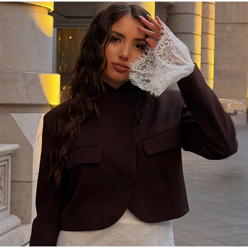 Damenmäntel Satin Stehkragen Seitliche Knopfleiste Kurze Anzugjacke Herbst Damen Langarm Knopfleiste Einfarbige Lockere Jacke Neue Oberbekleidung – Detail 10