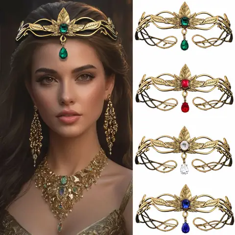 Vintage Gold Color King Round Elves Crown Crystal Goddess Tiaras Women Man Vintage Leaf Headband Diadem Bridal Hair Accessories
