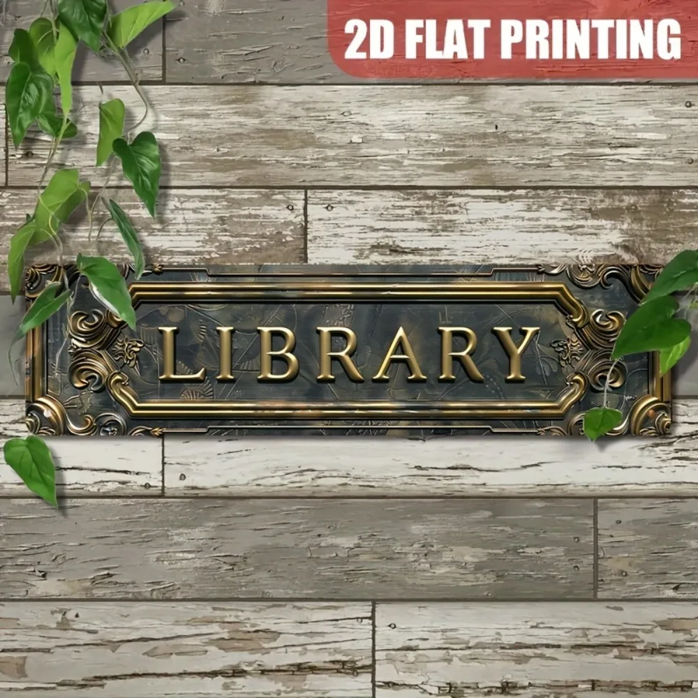 VANRISI 15,7x3,9 Zoll Metall-Wandkunst, Elegantes Bibliothekszeichen, Verzierte Goldmetallplatte als Dekoration für Arbeitszimmer, Vintage Heimbüro-Geschenk