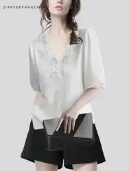 2024 Summer Vintage Embroidered Lantern Sleeves V-neck Chiffon Knit Top Women's Western Style Unique Design Loose White Shirt