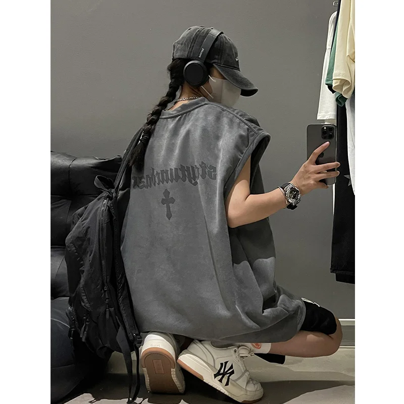 Military green suede vest men\'s summer oversize heavyweight trendy brand vest sleeveless t-shirt American couple sweatshirt tops