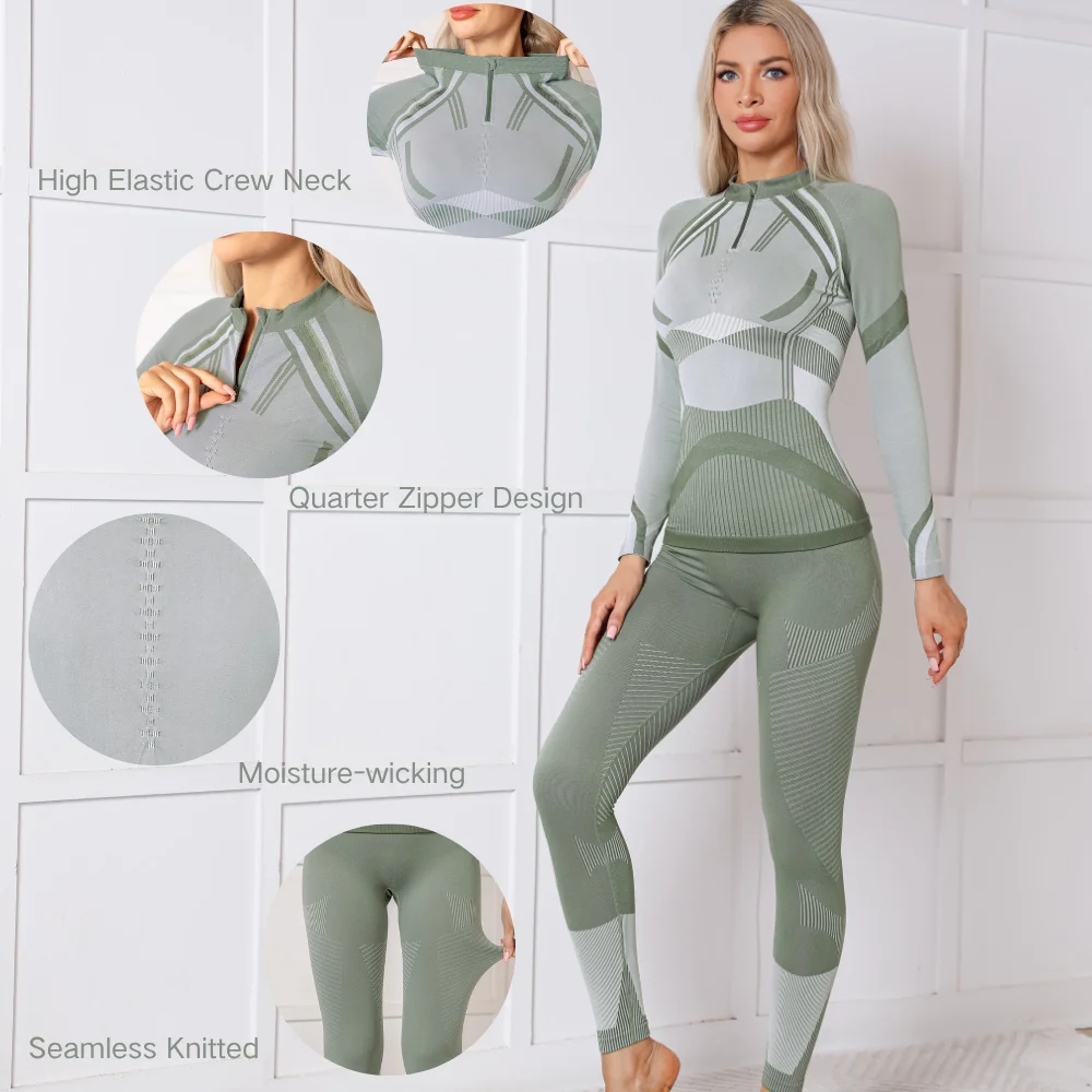 Anfilia Women Ski Thermal Underwear Sets Moisture-wicking Tight Zipper Crew Neck Seamless knitted Base Layer Long Johns For Home - Image 5