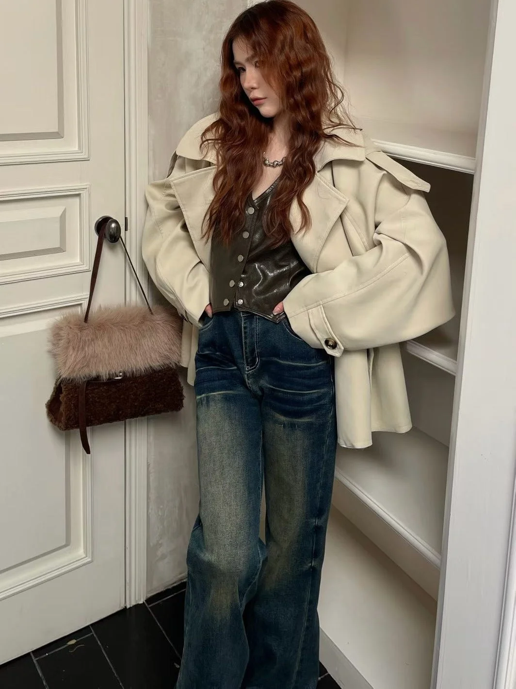 Retro Style Large Casual Spliced Color Block Lamb Fur Strap Crossbody Bag Single Shoulder Handbag for Young Adults
