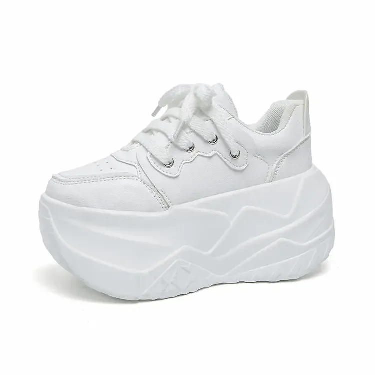 

12CM Chunky Shoes for Women Genuine Leather Lace Up Vulcanized Sneakers Spring Fashion Casual Non Slip Platform Sneaker