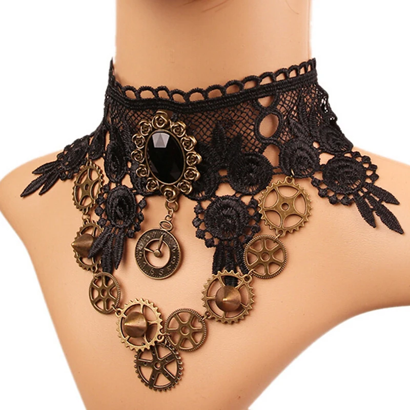 Gothic Vintage Collares Sexy Gothic Chokers Crystal gear chain Black Lace Neck Choker Necklace Women Chocker Steampunk Jewelry