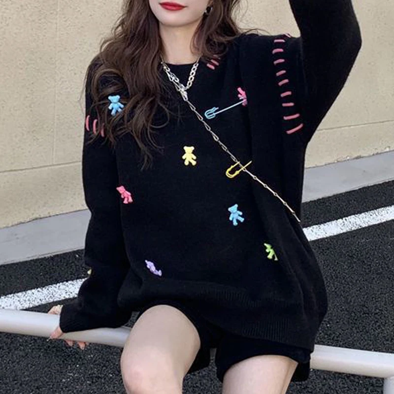 Women Tredny Casual Streetwear Oversized Kawaii Knitted Sweater Y2K Female O Neck Long Sleeve Pullover Tops Autumn Winter Jumper