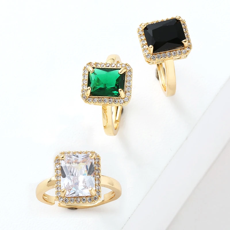 Elegant Emerald Ring for Women Adjustable Luxury Gold Color Inlaid Square Green Zircon Rings Fashion Vintage Aesthetic Jewelry