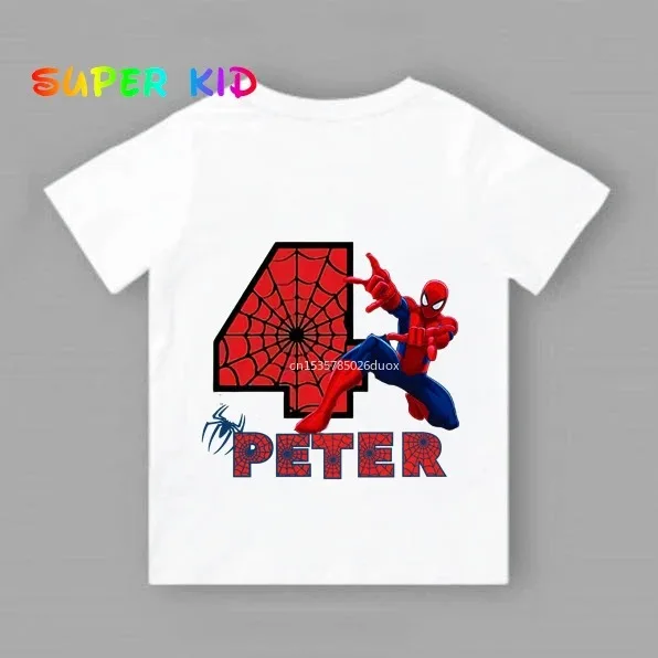 Spiderman Birthday Personalize Name Girl Shirt Kid 2 3 4 5 6 7 8 9 Years Marvel Spiderman Summer 2024 White Short Sleeve T-Shirt